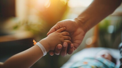 Adult and child holding hands in hospital. Pediatric healthcare and support concept for children's medical services.