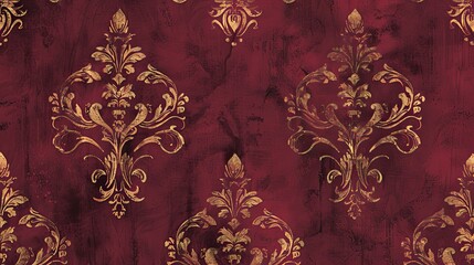 Vintage damask pattern with golden details on a burgundy background