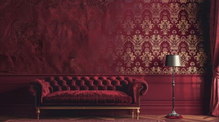 Vintage red velvet sofa and ornate wallpaper in luxurious living room