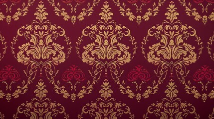 Ornate golden floral damask pattern on dark red background