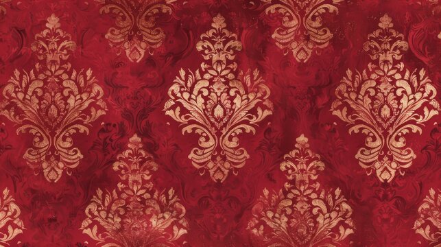 Fototapeta Vintage red damask wallpaper with gold floral patterns