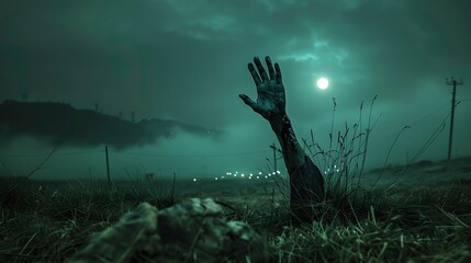 Zombie Hand Reaching Out From the Grave During a Stormy Night