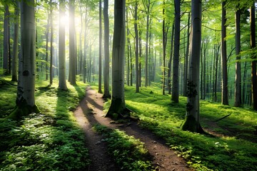 Obraz premium Sunlit forest path surrounded by lush green trees and vegetation on a bright morning.