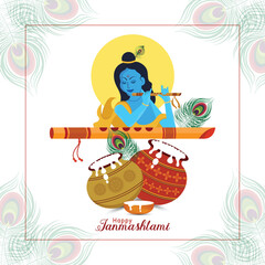Happy Krishna Janmashtmi greeting card with Krishna flute, dahi handi and peacock feathers