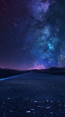 Road under a starry night sky, leading to the horizon. Cosmic adventure and exploration concept