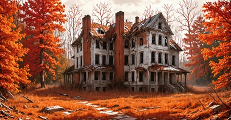 abandoned house buildings in town in autumn fall. homes with forest woods trees with orange red leaves empty old post apocalyptic city suburb.