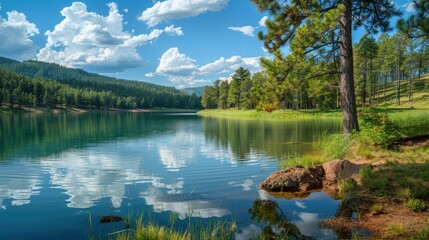 A beautiful lake surrounded by trees and mountains landscape