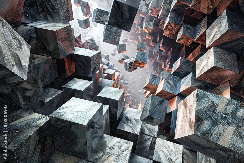 Poster detailed close-up of geometric cubes with wood-like surface, creating a dynamic abstract composition