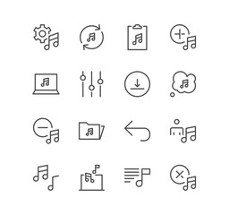 Set of music and controls related icons, artist, song list, mute and linear variety vectors.	
