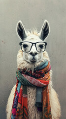 Llama wearing glasses and colorful scarf, studio shot. Quirky animal fashion concept