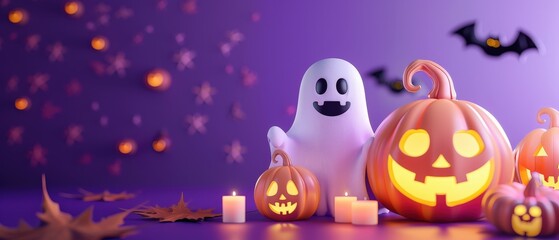 Naklejka premium A Halloween scene with a ghost, pumpkins, and bats