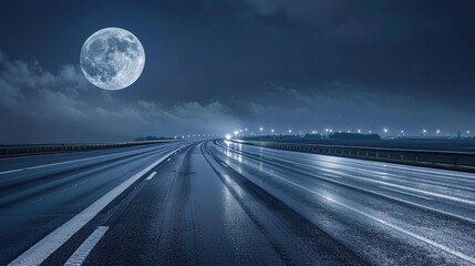 An empty highway at night after rain, illuminated only by a full moon, casting a silvery glow on the wet tarmac that stretches endlessly ahead, creating a tranquil, almost otherworldly travel scene.