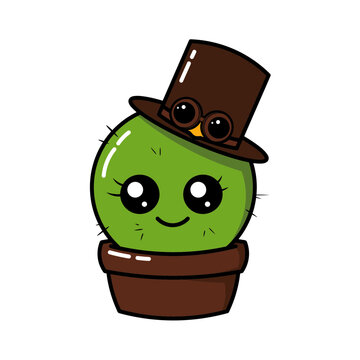 cute and kawaii cacus with a steampunk hat