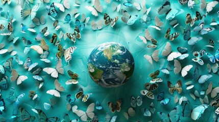 An inspiring Earth Day image with the Earth floating on a turquoise background, encircled by butterflies in various shades of blue, symbolizing the unity of the global ecosystem. 