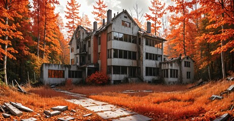 abandoned house building in city in autumn fall. mansion with forest woods trees with orange red leaves empty old post apocalyptic town suburb.