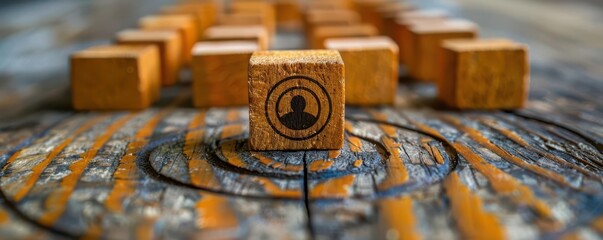 Customer focus group, wooden blocks with target icon, human icon links, CRM, data exchange