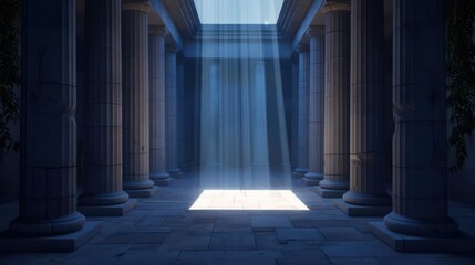 A conceptual museum exhibit recreates an ancient temple using virtual reality and ethereal projections