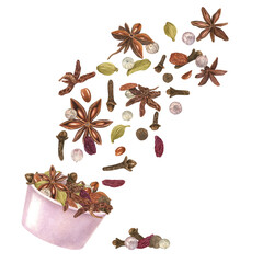Cardamom, star anise, clove, raisin and white pepper in pink bowl. Flying rich aroma winter spice. Aroma ingredients for Xmas drinks and bakery. Organic food. Watercolor illustration for menu design