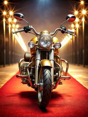 A luxurious motorcycle with gold accents, showcased on a red carpet with spotlights.
