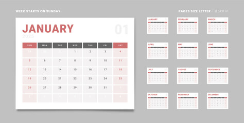Set of 12 Pages Monthly Calendar Planner Templates on 2025 year with 2 weekend. Vector mockup of a wall or desktop calendar with the week start on Sunday for print. Pages size Letter -8.5x11 in