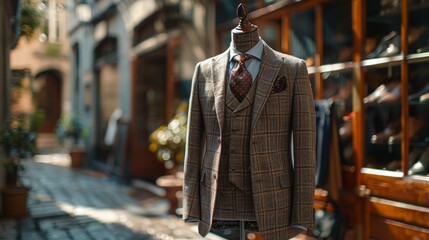 Fototapeta premium A Tailored Suit Displayed in a Quaint Italian Alleyway. Generative AI