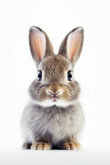 A small rabbit with whiskers and ears is sitting on a white surface, looking at the camera. This terrestrial animal, a member of the rabbits and hares family, has a fawncolored fur and a cute snout
