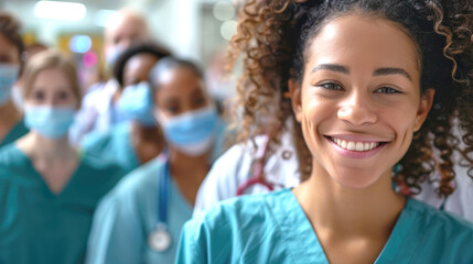 Smiling nurse in scrubs with a diverse group of masked medical professionals in the background.
