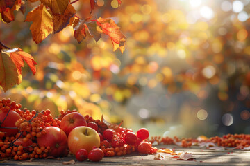Bright composition with branches of trees with orange leaves and fruits laying on a wooden surface, blurred autumn forest on the background, empty space for text and design