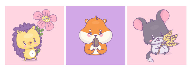 Cute cartoon rodent set. Funny hamster with seed, chinchilla with ears of wheat and happy hedgehog with flower. Isolated kawaii animal character. Vector illustration. Kids collection