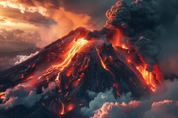 Cataclysmic volcanic eruptions releasing magma, ash, and gases, dramatically reshaping landscapes and impacting global climate.