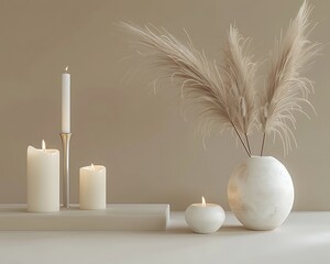 Minimalist Easter setup with pampas grass in a vase and candles on a beige background, perfect for spring decor.