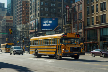 A yellow school bus rides along a city street on a sunny day, back to school