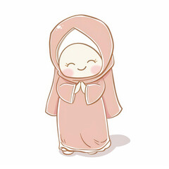 Whimsical illustration of a Muslim girl on a white background, kawaii and quirky style, dreamy and handdrawn.