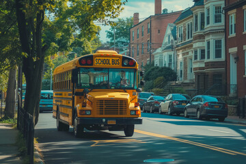 Obraz premium A yellow school bus rides along a city street on a sunny day, back to school