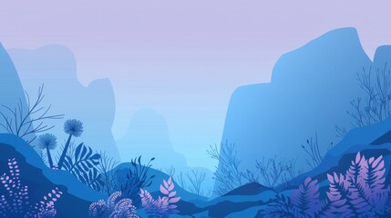 simple, alien landscape, with alien foliage, flat abstract vector illustration of a background, dominant colors are light blue, dark blue, and some purple 