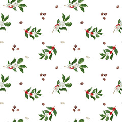 Seamless pattern. Red ripe berries on the branches. The coffee tree. Watercolor illustration. White flowers and green leaves on twigs, plants from a farmer's plantation and roasted coffee beans