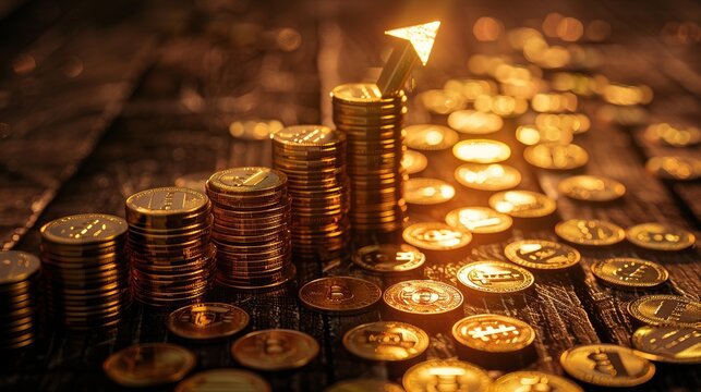 Stack of gold coins, symbol of wealth growth, financial success, investment returns, gold reserves, financial freedom, economic growth background