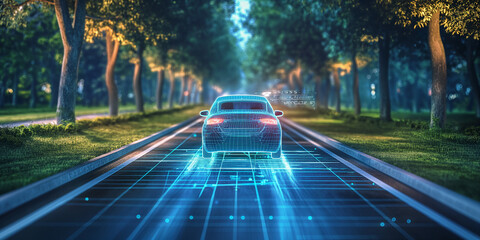 Holographic diagram shows the coordinates and driving speed of a car controlled by quantum technology.