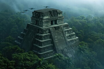 Obraz premium An advanced archaeological project uses mystical drones and enchanted tools to uncover and restore an ancient temple