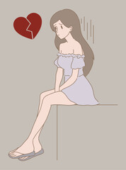 Sad girl sitting with broken heart. Hand drawn flat cartoon character vector illustration.