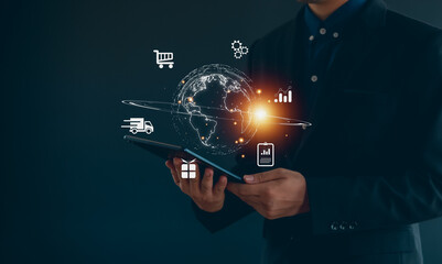 Big data and analytics visualization technology with scientist analyzing information structure on virtual screen,iot,  finance, machine learning to extract predictions for business.