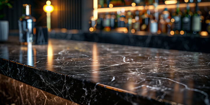 Black marble bar counter top with empty space for product mockup. Restaurant counter in a coffee shop. Countertop backdrop for templates and product displays in a kitchen or bar.