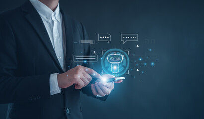 Artificial Intelligence. Chatting with an intelligent ai asks for the answers he wants.Business, modern technology, internet and networking concept.ChatGPT with AI.