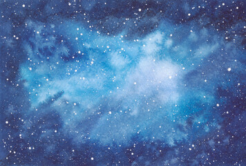A painted watercolor illustration of a fantastic starry night sky, space, galaxy. A decorative element for a banner, design, or flyer with a place for text. Abstract colored background.
