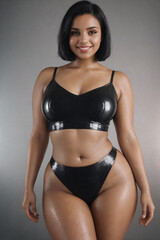 Fototapeta premium Curve woman plus size model in lingerie on gray background
