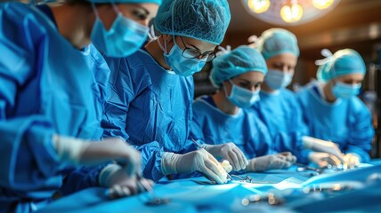 a group of surgeons in special blue clothes stand around an operating table
