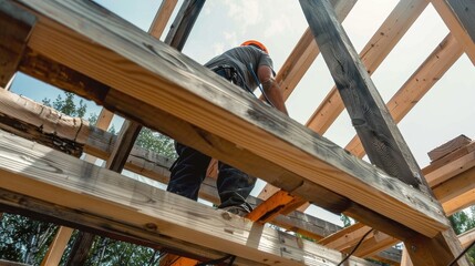 Naklejka premium A construction worker skillfully balances on wooden beams at a height, emphasizing the precision and balance needed in building construction. Capturing a moment of skilled labor dedication.