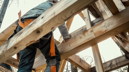 A skilled worker installing wooden beams while wearing a safety harness during daytime. The image captures the hands-on approach and diligence in building the structure.