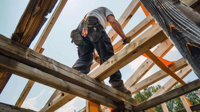 A construction worker is climbing on a wooden framework, high in the sky. The image captures the essence of labor, dedication, and the foundation of building structures. - Powered by Adobe