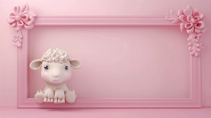 Baby goat cute animal clay cartoon animation looking out from photo frame isolated on pink...